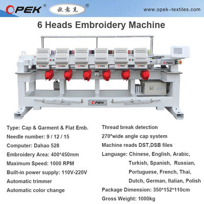 2000W OPEK 6 Head Industrial Computer Embroidery Machine per T-shirt a cappello Cappello abbigliamento piatto